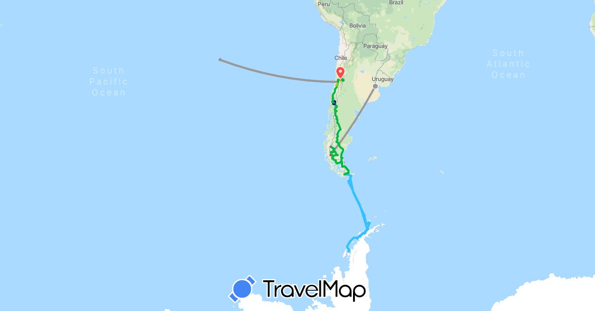 TravelMap itinerary: driving, bus, plane, cycling, hiking, boat, hitchhiking, motorbike, electric vehicle in Antarctica, Argentina, Chile (Antarctica, South America)
